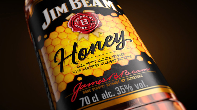金黃色六邊形圖案 Jim Beam 蜂蜜包裝設(shè)計(jì)，極具食欲感