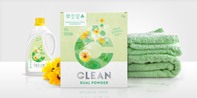 品牌C字母圖形風(fēng)格 DUAL CLEAN 洗衣粉洗衣劑包裝設(shè)計(jì)-上海包裝設(shè)計(jì)公司