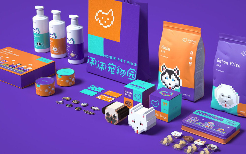 Nonda寵物店商品品牌包裝設(shè)計(jì)，馬賽克寵物插畫風(fēng)格