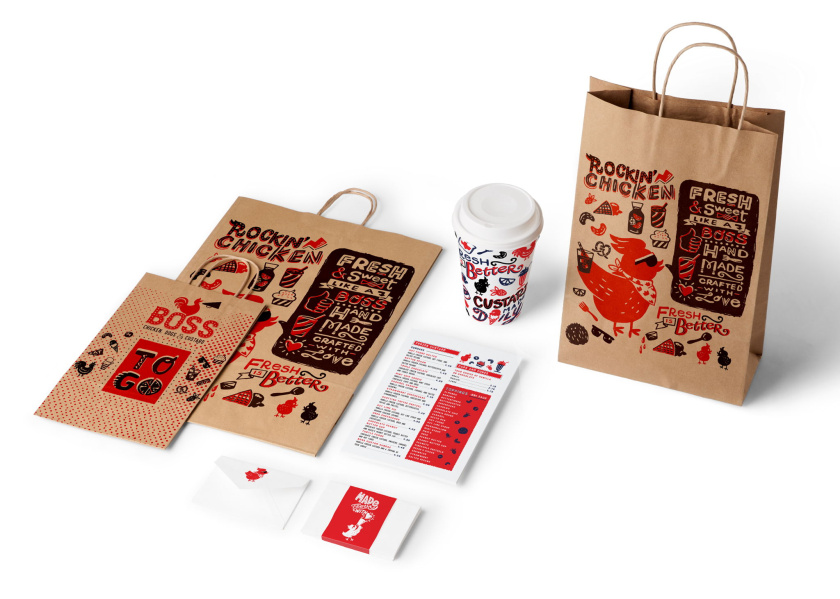 老板牌雞肉炸雞漢堡快餐品牌形象設計與外賣產(chǎn)品包裝設計“詼諧和時髦的插畫”