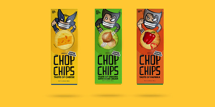 Chop chips 俄羅斯薯片包裝設(shè)計(jì)，一只卡通小狼仔正在用餐的插畫(huà)設(shè)計(jì)