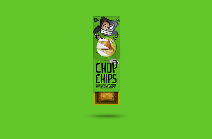 Chop chips 俄羅斯薯片包裝設(shè)計，一只卡通小狼仔正在用餐的插畫設(shè)計