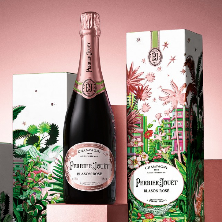 情人節(jié)禮盒 PERRIER-JOU?T玫瑰香檳包裝設(shè)計，熱帶雨林植物插畫設(shè)計