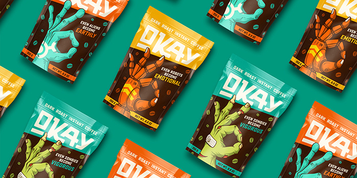 OKAY咖啡神秘生物的手插圖包裝設(shè)計，一切都會好起來的
