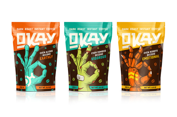 OKAY咖啡神秘生物的手插圖包裝設(shè)計，一切都會好起來的