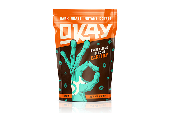 OKAY咖啡神秘生物的手插圖包裝設(shè)計，一切都會好起來的