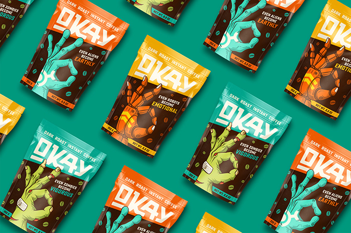 OKAY咖啡神秘生物的手插圖包裝設(shè)計，一切都會好起來的
