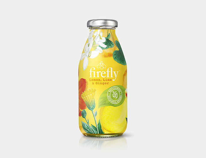 Firefly帶有翅膀的飲料包裝設計，配上帶狀線“活化植物”強化健康特性
