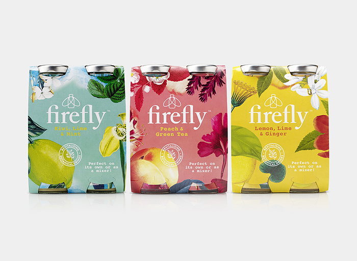Firefly帶有翅膀的飲料包裝設計，配上帶狀線“活化植物”強化健康特性