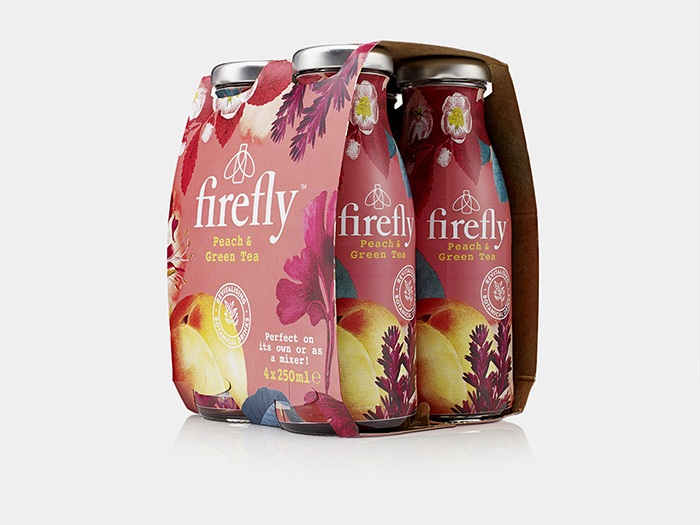 Firefly帶有翅膀的飲料包裝設計，配上帶狀線“活化植物”強化健康特性