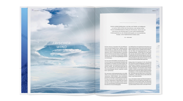 歐洲領先輸電運營商Amprion年度宣傳畫冊設計，藍粉漸變色營造平靜的印象