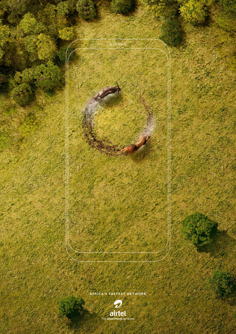 全球領(lǐng)先電信公司Airtel創(chuàng)意平面廣告設(shè)計(jì)-獅子和角馬篇