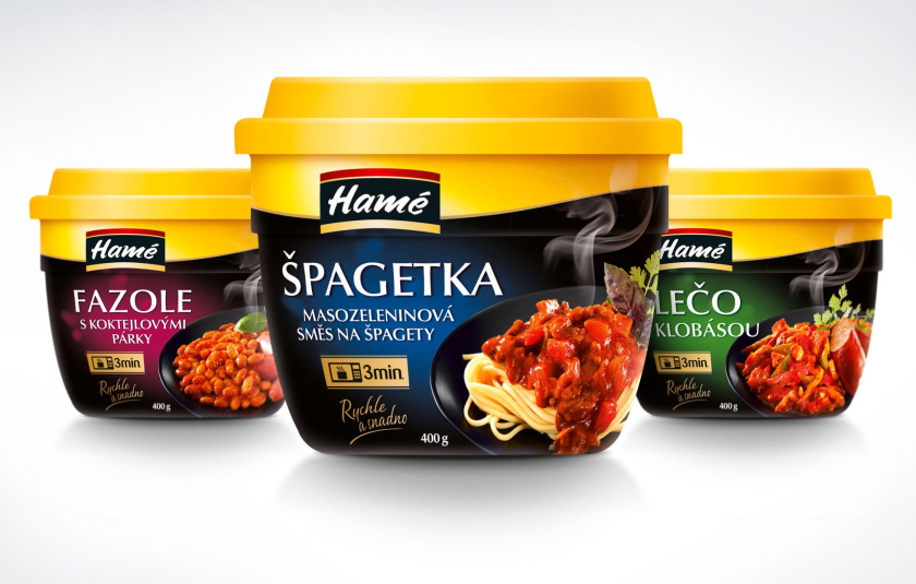 Hamé 即食餐即食菜包裝設計，采用收縮膜全面積彩印增強了包裝的獨特性