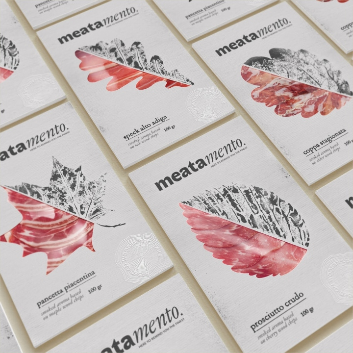 Meatamento熏肉包裝設(shè)計，采用葉子造型的開窗紙盒設(shè)計