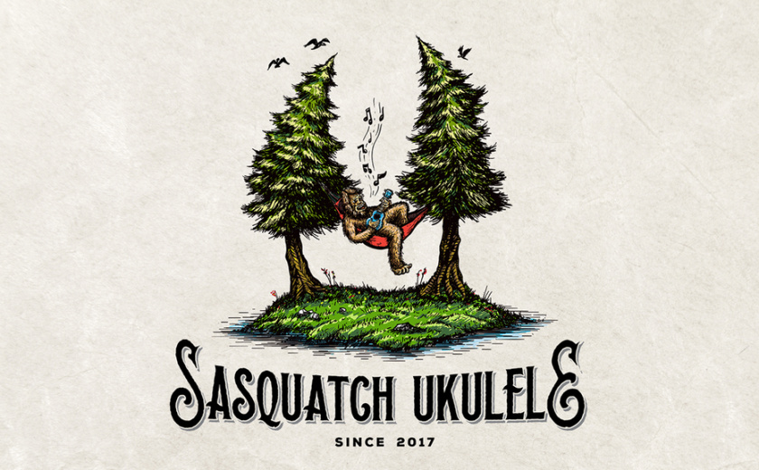 40個(gè)比彩虹更亮的彩色標(biāo)志-自然主義配色方案-sasquatch ukulele兩個(gè)樹(shù)的吊床標(biāo)志設(shè)計(jì)