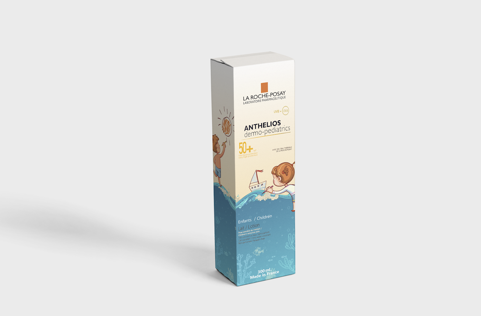 La Roche-Posay兒童防曬霜包裝設(shè)計，男孩女孩海灘嘻戲的插畫感覺