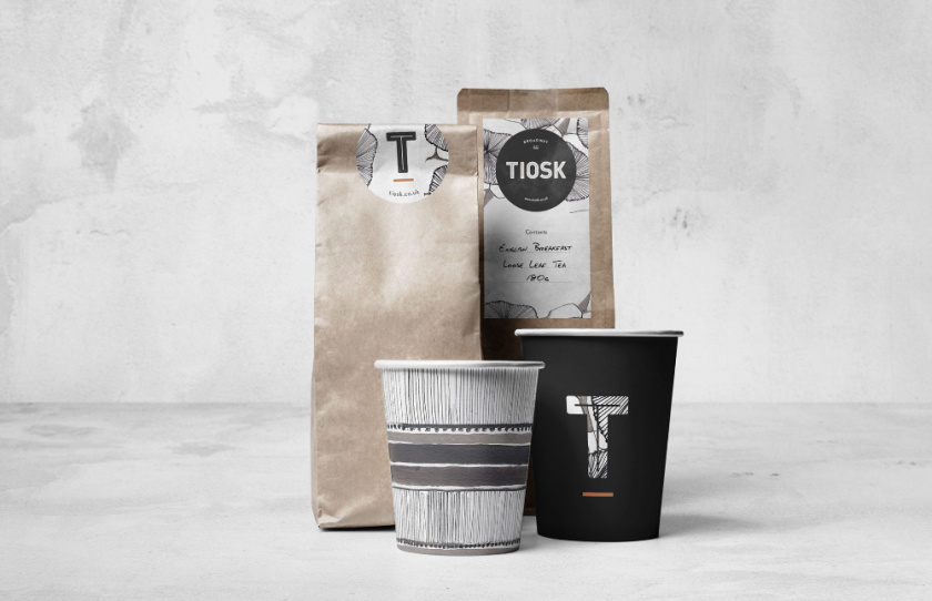 Tiosk茶飲餐飲品牌形象設計，水墨線條畫風格