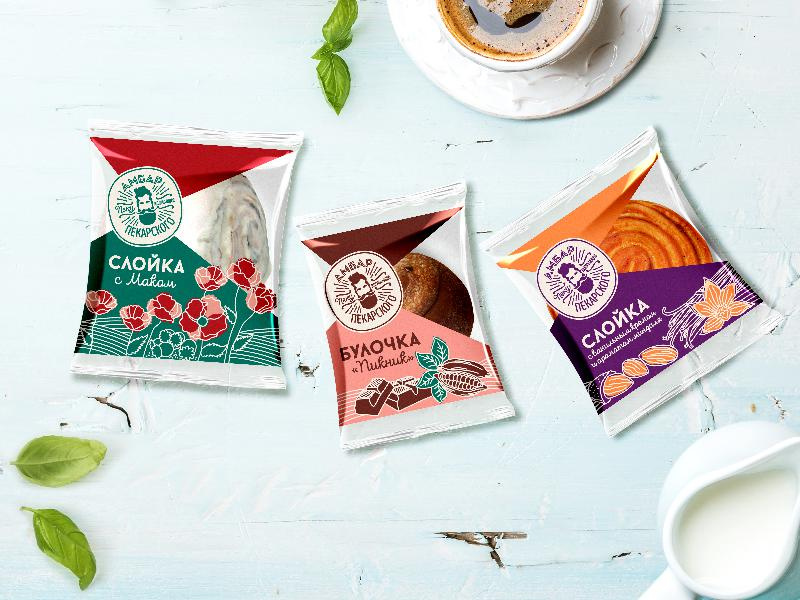 Serpukhovkhleb 大型面包店袋裝面包設(shè)計，幾何版式+人物頭像