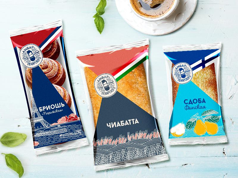 Serpukhovkhleb 大型面包店袋裝面包設(shè)計，幾何版式+人物頭像