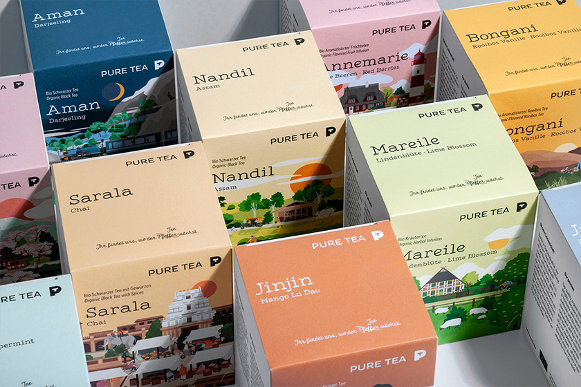 pure tea 純茶有機茶葉包裝設計，13個茶葉原產(chǎn)地風景插圖設計