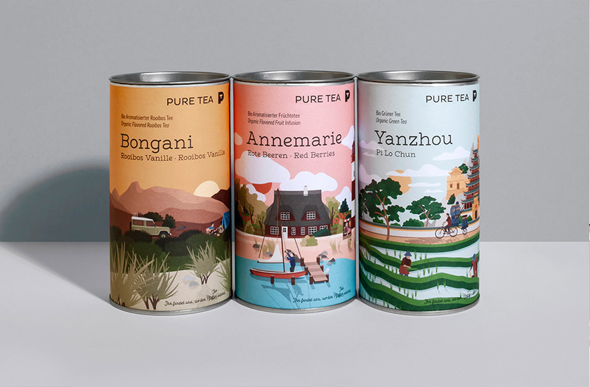 pure tea 純茶有機(jī)茶葉包裝設(shè)計(jì)，13個茶葉原產(chǎn)地風(fēng)景插圖設(shè)計(jì)
