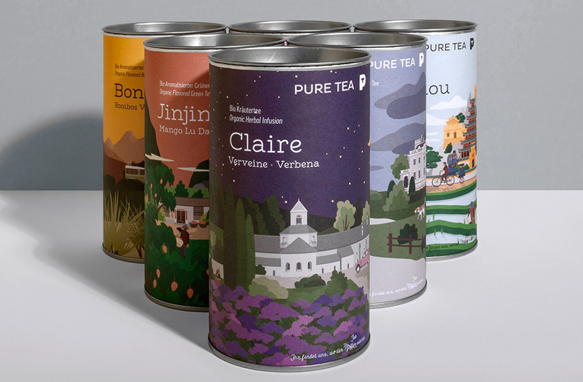 pure tea 純茶有機茶葉包裝設計，13個茶葉原產(chǎn)地風景插圖設計
