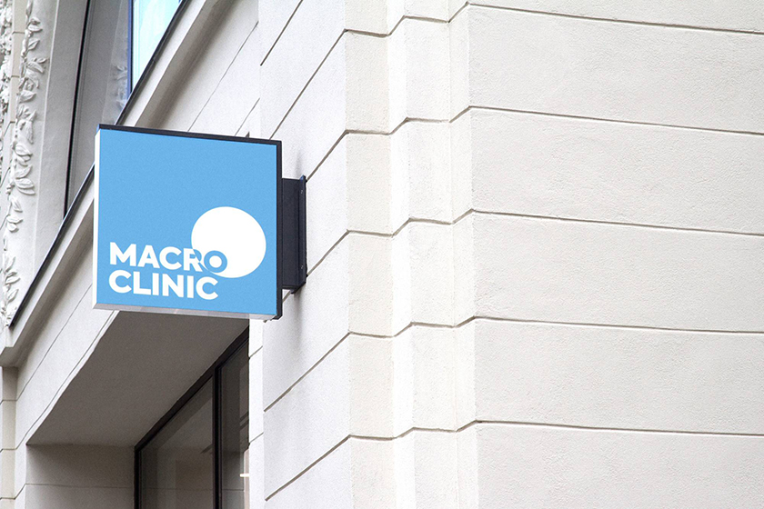 Macro Clinic連鎖醫(yī)療診所醫(yī)院圓形顯微鏡logo設(shè)計(jì)，品牌vi形象設(shè)計(jì)與品牌全案策劃塑造