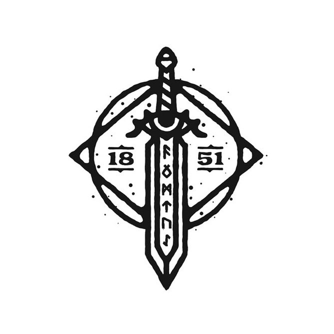 原始和不完善的手繪logo設(shè)計(jì)-顯示劍，符文和眼睛的圓形logo