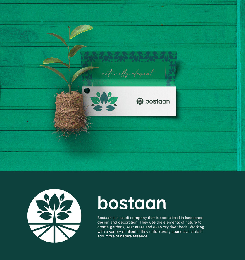 Bostaan 景觀公司logo設(shè)計與vi設(shè)計，矢量化幾何風格綠葉與根須