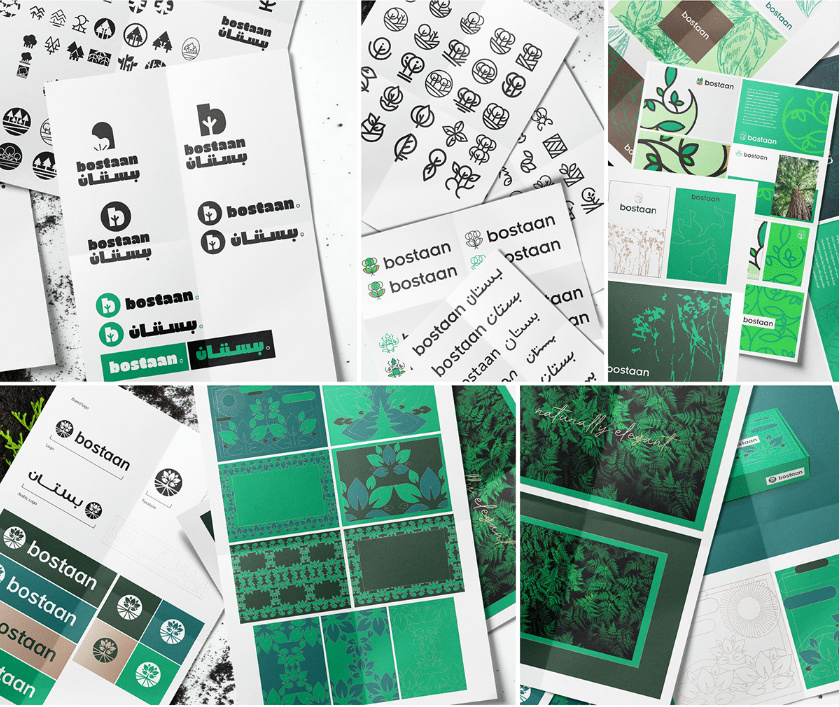 Bostaan 景觀公司logo設(shè)計與vi設(shè)計，矢量化幾何風格綠葉與根須