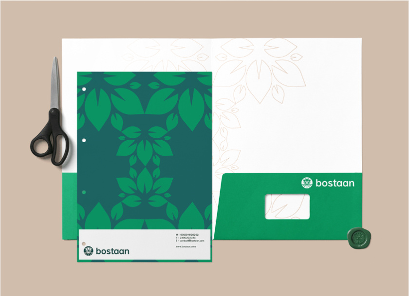 Bostaan 景觀公司logo設(shè)計與vi設(shè)計，矢量化幾何風格綠葉與根須