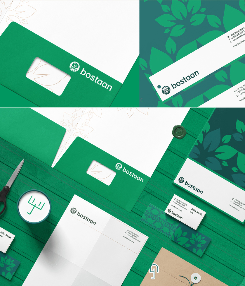 Bostaan 景觀公司logo設(shè)計與vi設(shè)計，矢量化幾何風格綠葉與根須