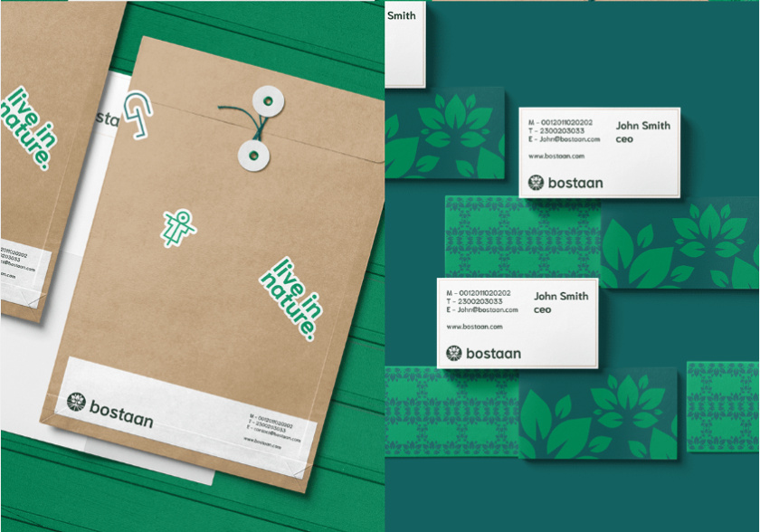 Bostaan 景觀公司logo設(shè)計與vi設(shè)計，矢量化幾何風格綠葉與根須