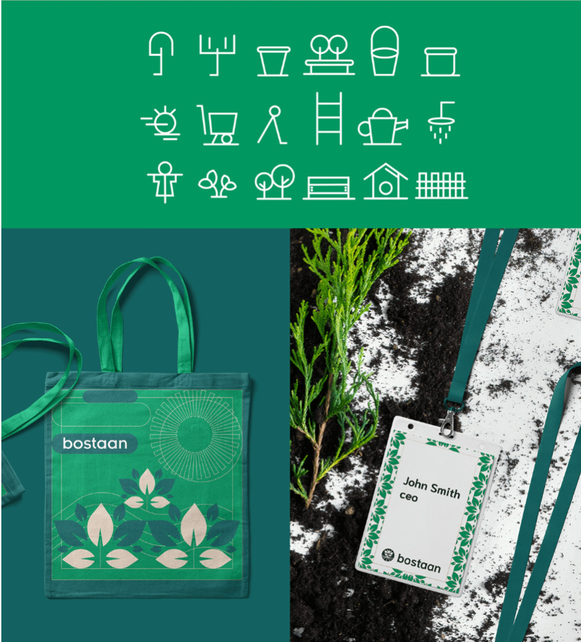 Bostaan 景觀公司logo設(shè)計與vi設(shè)計，矢量化幾何風格綠葉與根須