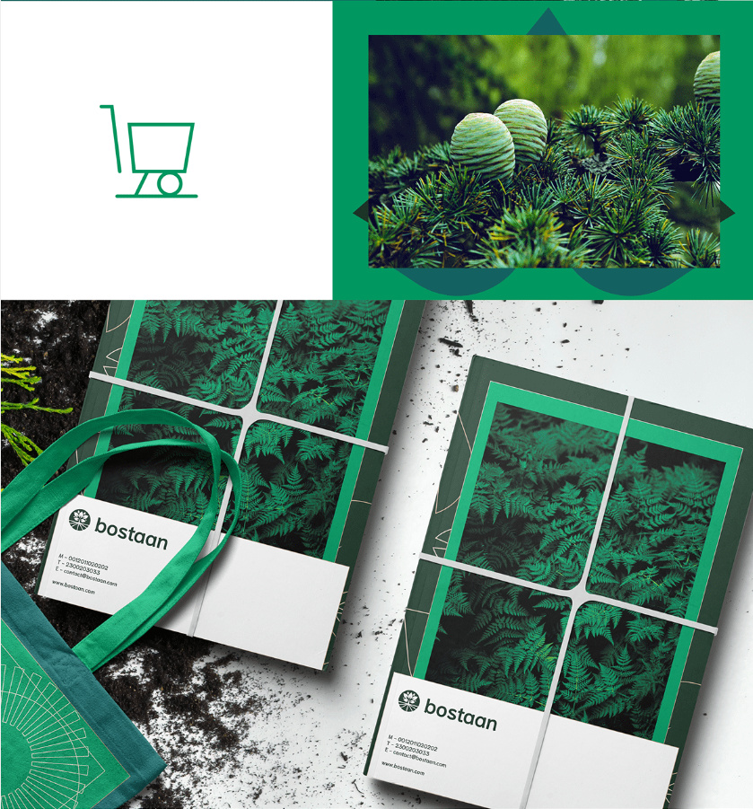 Bostaan 景觀公司logo設(shè)計與vi設(shè)計，矢量化幾何風格綠葉與根須