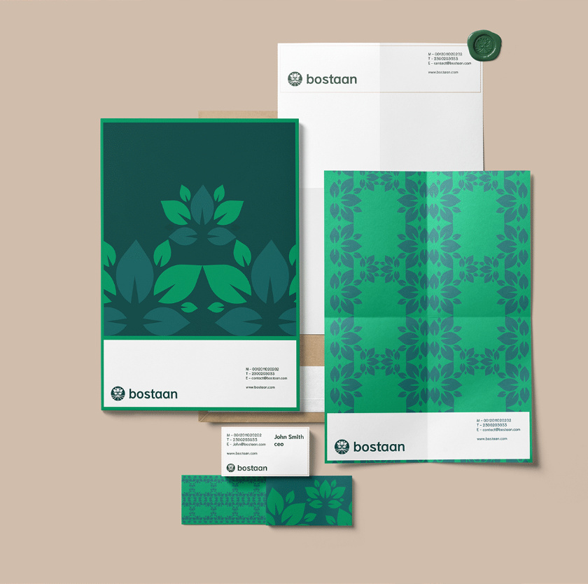 Bostaan 景觀公司logo設(shè)計與vi設(shè)計，矢量化幾何風格綠葉與根須