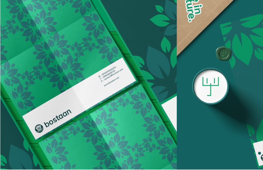 Bostaan 景觀公司logo設(shè)計與vi設(shè)計，矢量化幾何風格綠葉與根須