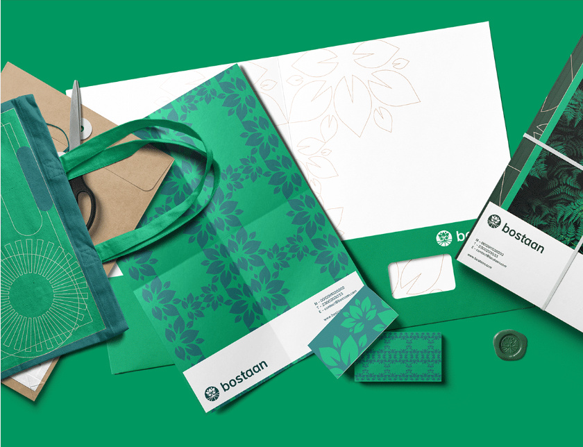 Bostaan 景觀公司logo設(shè)計與vi設(shè)計，矢量化幾何風格綠葉與根須