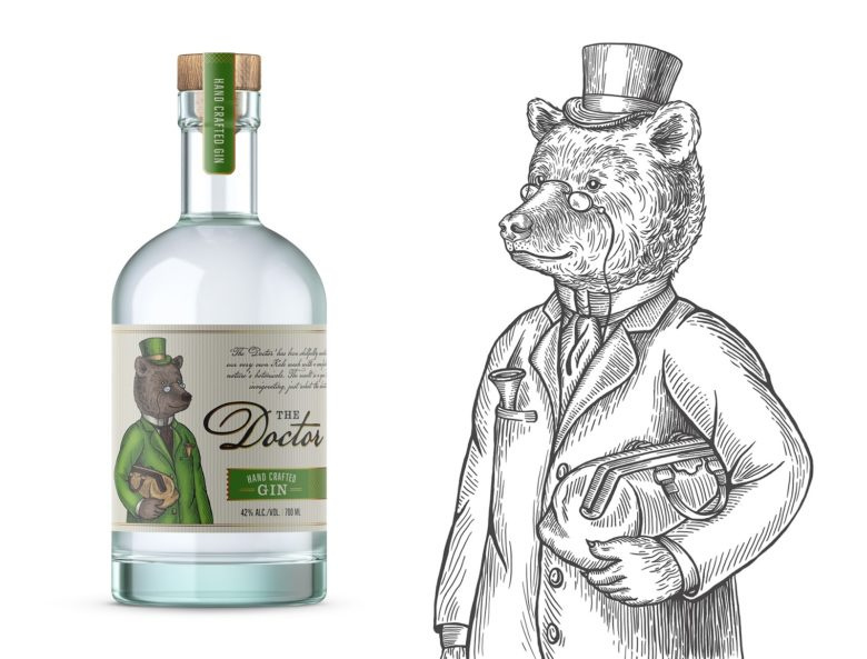 小熊杜松子酒包裝標(biāo)簽設(shè)計(jì)，每種酒都有不同的小熊插畫(huà)
