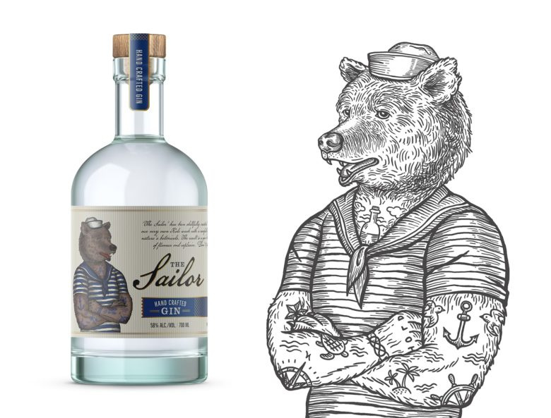 小熊杜松子酒包裝標(biāo)簽設(shè)計(jì)，每種酒都有不同的小熊插畫(huà)