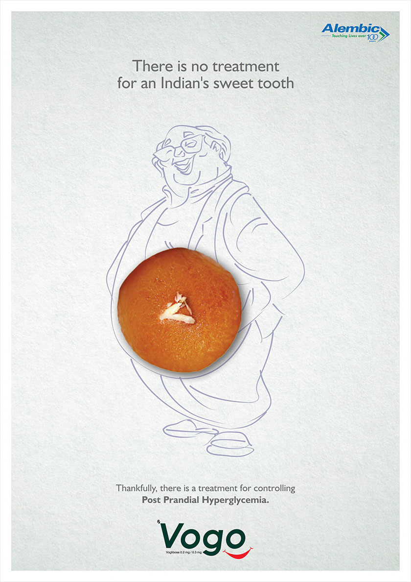 印度高血糖醫(yī)藥廣告平面設(shè)計，不失趣味指出愛吃糖老年患者的身體狀況