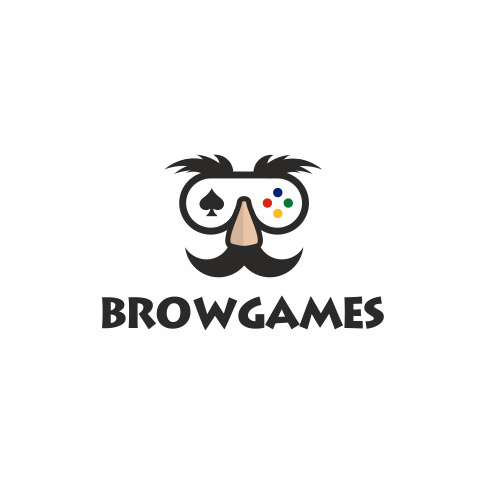 視頻游戲控制的方式像一個大鼻子和眉毛的混搭與文本“browgames”logo設計