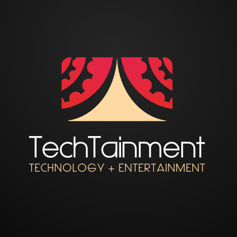 紅色窗簾和文字“TechTainment技術(shù)+娛樂”的風格化圖像logo設計