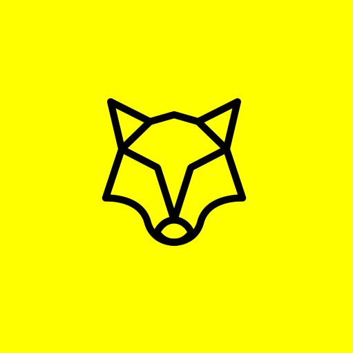 狼的頭的幾何圖象反對明亮的黃色背景的logo設計