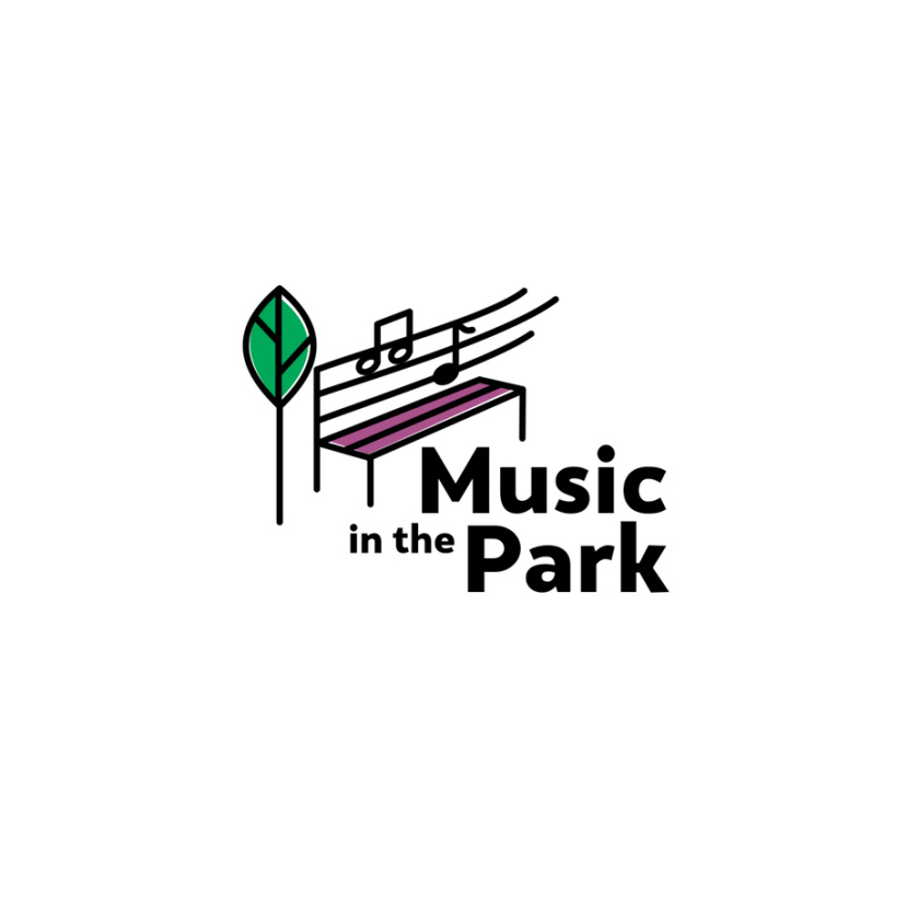 公園長椅的線條圖與它旁邊的一棵樹和音樂筆記在長凳上與文本“公園里的音樂”logo設計