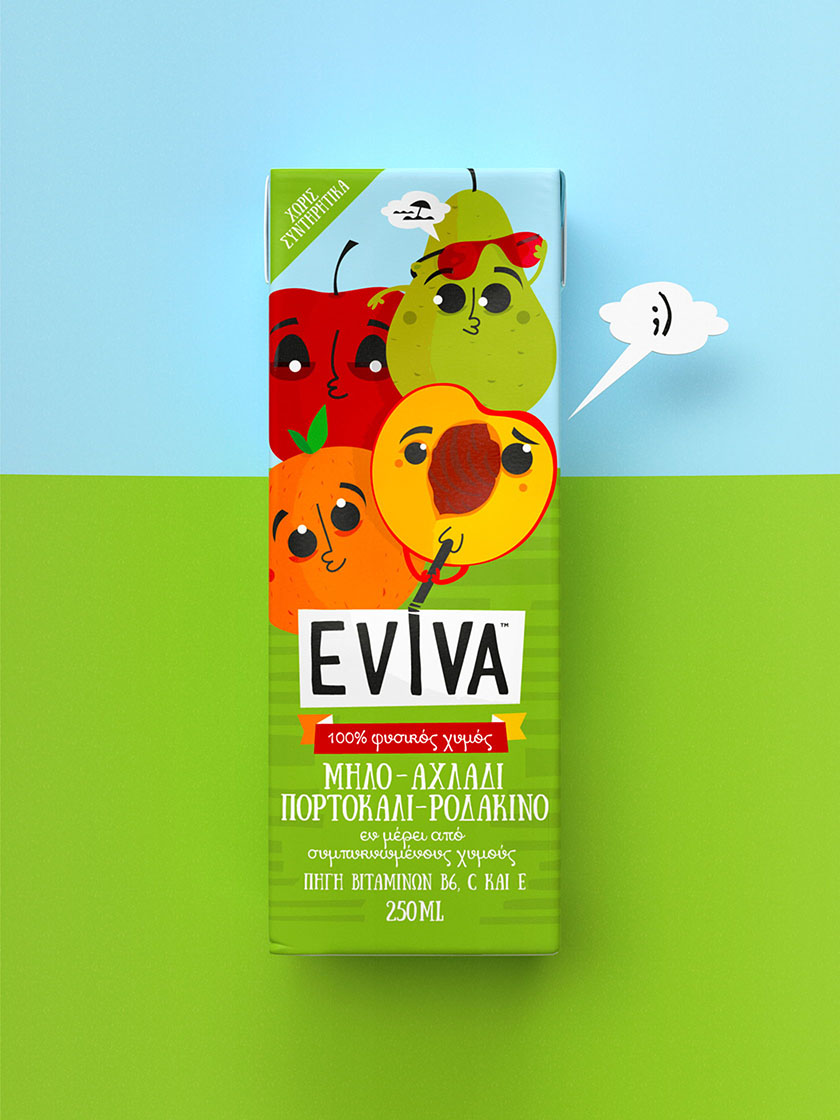 Eviva kids兒童果汁飲料包裝設(shè)計(jì)插畫設(shè)計(jì)，可愛水果卡通一起狂歡