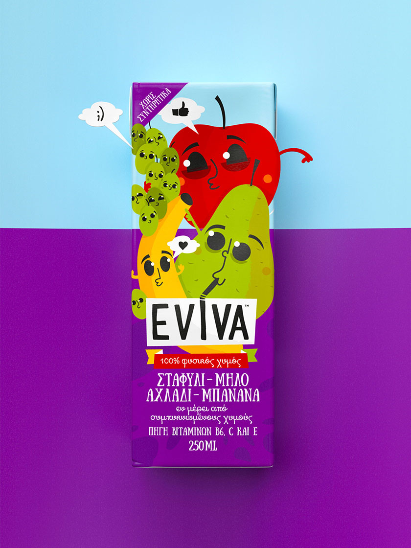 Eviva kids兒童果汁飲料包裝設(shè)計(jì)插畫設(shè)計(jì)，可愛水果卡通一起狂歡