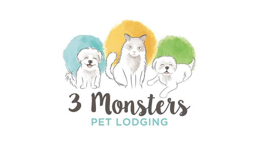 水彩圖像的兩只狗和一只貓坐在一排，每個由水彩圈重音