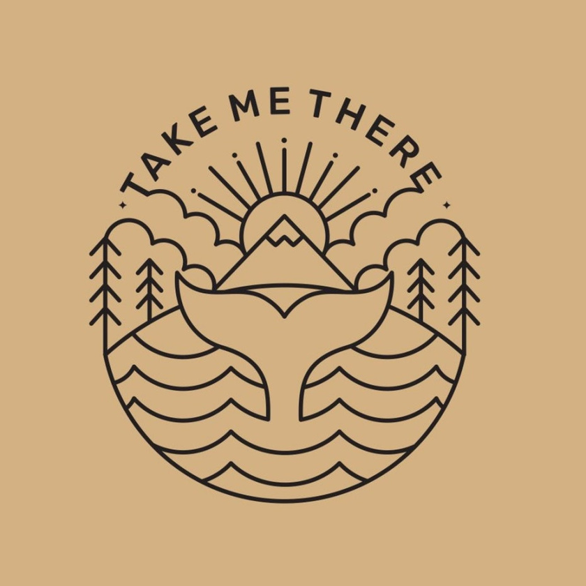 線條藝術(shù)旅行旅游logo設(shè)計與樹木，太陽和魚尾巴