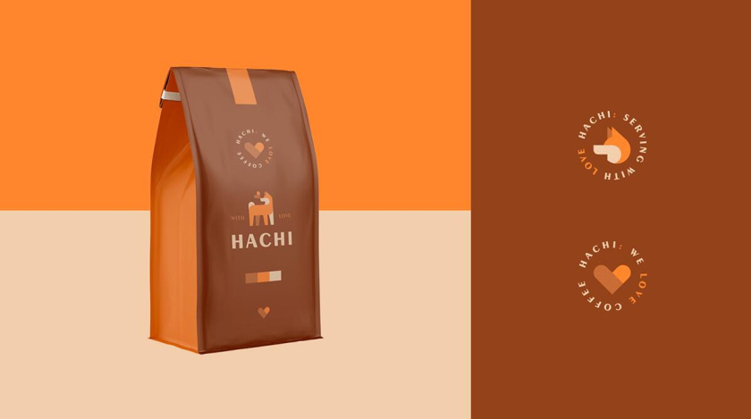 Hachi 咖啡店logo設(shè)計(jì)”矢量狗狗圖形“與咖啡包裝設(shè)計(jì)”完美的配色“